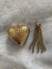 00’S Vintage Boho Style Gold Tone Hammered Large Heart And Tassel Pendants VGC