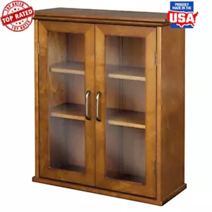 Wooden Bathroom Wall Cabinet W/ Glass Doors Adjustable Shelves Efficient Storage - Picture 1 of 5
