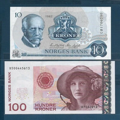 Norway 10 100 Kroner 2Pcs Lot, 1982 2010, P 36c 49e, UNC - Image 1 of 4