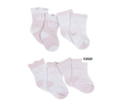 Gerber Baby Girl 4-Pack Organic Pink Crown Princess Wiggle Proof Socks Size 0-6M - Image 1 of 3