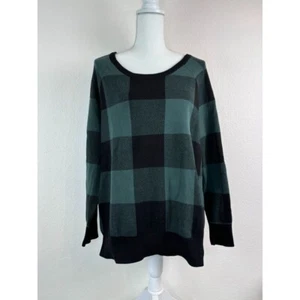 Torrid women's 1 1X green black buffalo plaid long sleeve knit pullover sweater - Picture 1 of 7