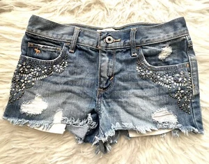 Y2K Abercrombie & Fitch Dazzled Low Rise Girls Denim Blue Jean Shorts Size 14 - Picture 1 of 8