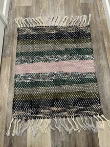 Vtg Handmade Rag Rug 45"x28" Area Rug Wool Fringe Hand Stitched Pink Multicolor - Picture 1 of 10