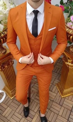 Men's 3 Piece Suit Slim Fit One Button Orange Elegant Wedding Groom 3pc Suit - Image 1 of 4