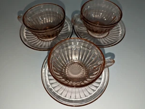 Set of 3 Pink Depression Glass Cup And Saucer Set Beautiful - Picture 1 of 9