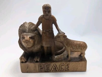 Estatua de escritorio de paz tallada a mano de madera hecha a mano estatuilla escultura decoración madera Foto 1 de 4