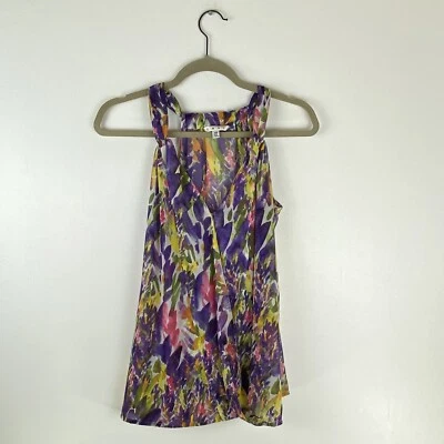 Cabi Womens X Small Blouse Top Sleeveless Floral Sheer Pink Purple Wrap Hook Eye - Image 1 of 4