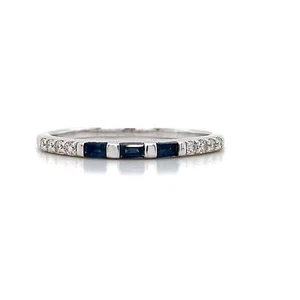 14K White Gold Three-Stone Baguette Sapphire & Diamond Slim Stacking Band Ring - Picture 1 of 11