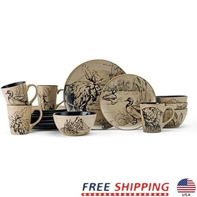 Juego de vajilla estilo Lodge de 16 piezas platos con estampado de animales cuencos tazas comedor informal Foto 1 de 4