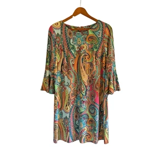 Tommy Hilfiger Dress Size 8 Colorful Paisley 3/4 Sleeve Knee Length Hippie Boho - Picture 1 of 9