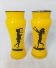 Art Deco Pair Bohemian Czech Tango Glass Vases Enamel Painted Silhouette c.1930s