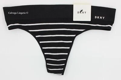 全新带标签 DKNY DK5016“Litewear”尼龙无缝标志丁字裤,黑色带白色条纹,M — 第 1/4 张图片