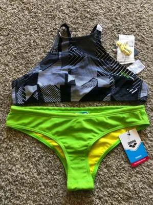 Arena 训练霓虹绿色黑色几何吊带比基尼大号泳装全新带标签 — 第 1/2 张图片