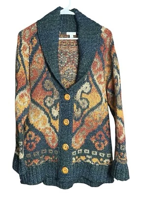 Cárdigan largo de mezcla de lana J. Jill suéter cuello chal azul suroeste naranja XS Foto 1 de 4