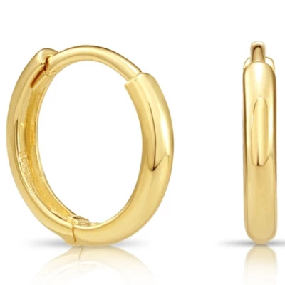 14K Solid Yellow Gold Shiny Round Plain Huggie Hoop Earrings Small Size 12MM - Image 1 of 4