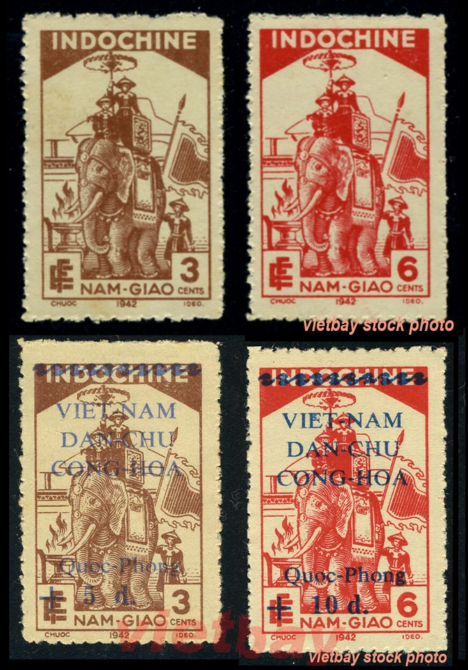 VIETNAM DEL NORTE Viet Minh Sobreimpreso Quoc Phong 1L53-1L54 e Indochina 213-214 MNH Foto 1 de 1