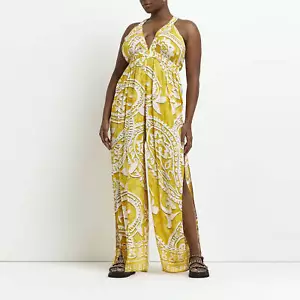 River Island Womens Jumpsuit Plus Yellow Paisley Plunge Sleeveless Outfit - Picture 1 of 9