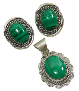 Robert K. Deutsawe Jr Zuni Sterling Silver Malachite Pendant & Clip On Earrings - Picture 1 of 7