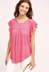 Anthropologie Deletta Flattered Ina Top Gr. Small rosa Leinen Spitzenborte Rüschen neu - Bild 1 von 10