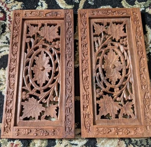 121- Set di 2 pannelli in legno intagliato indiano ornato vintage 6"X12" - Foto 1 di 8