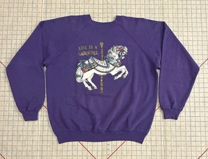 90s Vintage Unicorn L/XL Sweatshirt 80s Horse Carousel Flowers Purple Cottage - Picture 1 of 18