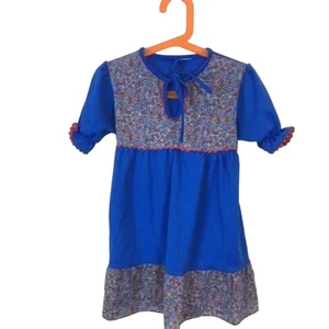 Vintage Prairie Dress 1970s Little Girl Size 5 to 6 Red Blue Americana Retro - Picture 1 of 5