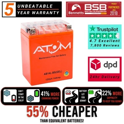 AB14L-BS Atom Gel Motorcycle Battery for Yamaha FJ 1100 84-85 - Image 1 of 4