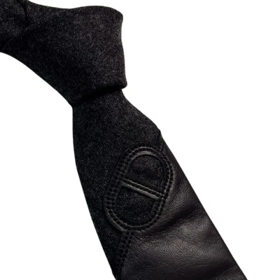 HERMÈS  Tie Black  Leather wool  Men Auth H Logo France 126024 - Image 1 of 4