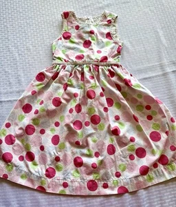 Mini Boden 5-6Y Girl’s Pink Green Dot Dress Back Bow Stain Flaws Noted - Picture 1 of 8
