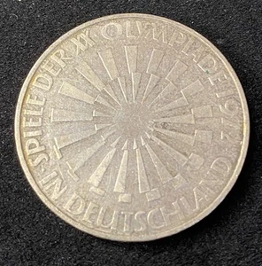 1972 D Germany 10 Mark 0.6250 Silver ASW 0.3115 Oz Olympic Spiral Free Shipping - Picture 1 of 2