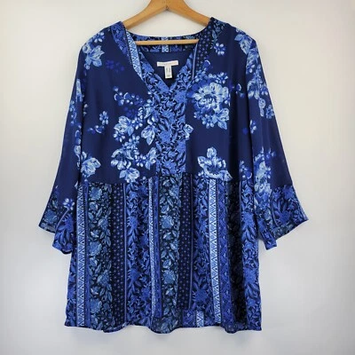 Blusa Isaac Mizrahi Mujer Talla 12 Floral Fluida Forrada Corpiño Transparente Boho Cuello en V  Foto 1 de 4