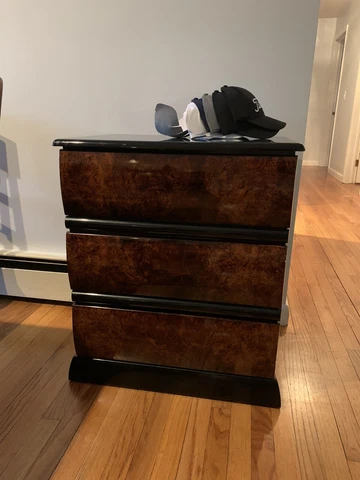 Vintage 3-Drawer Burl Wood and Black Lacquer Nightstand Burled Cover