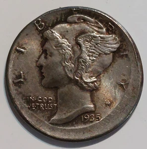 ✰✰ FEHLER ✰ Struck 10% Off Center 1935 Mercury Dime schöne VOLLSTÄNDIGE GETEILTE BÄNDER! ✰✰ - Bild 1 von 2