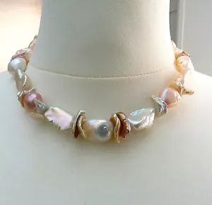 Süßwasserperlen Unikat Collier Flats Keshi und Biwa Perlen handgefertigt 5548 - Bild 1 von 8