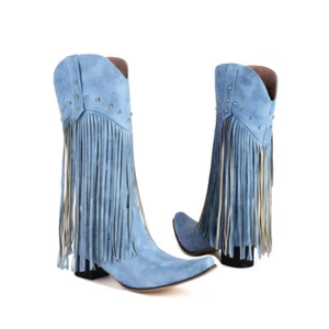Womens Western Cowboy Knight Knee High Boots Block Heel Tassel Pointed Toe Shoes - Picture 1 of 28