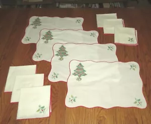 Hand Cross Stitch SIX Napkins FOUR Place Mats Holiday Tree & Floral - Picture 1 of 5
