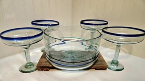 4 Margarita Glasses W/ Serving Bowl Made In Mexico Hand-blown - Picture 1 of 13