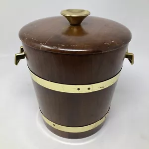 Mid Century 1967 Vermillion Walnut Wood Wooden Ice Bucket Lid Gold Trim Handles - Picture 1 of 8