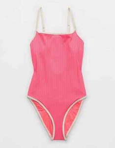 Aerie Wide Rib Scoop Full Coverage One Piece Swimsuit LARGE Bright Pink - Picture 1 of 2