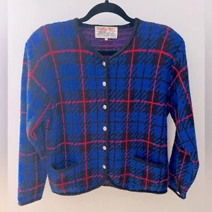 Cárdigan Preppy Vintage Tally Ho Creation Azul Negro Rojo a Cuadros con Bolsillos M - Imagen 1 de 6