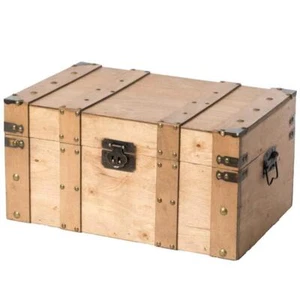 Storage Trunk Natural Small Sistressed Wooden Style Metal Handles Farmhouse - Picture 1 of 7