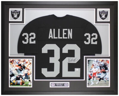 Camiseta deportiva de Marcus Allen autografiada y enmarcada de los Raiders negros auto Beckett certificado de autenticidad Foto 1 de 4
