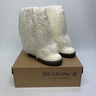 NEW BEARPAW Canada Boetis II Pearl White Mongolian Sheepskin Fur Boots Sz 7 - Image 1 of 4