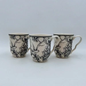 222 Fifth Adelaide Gray Porcelain Coffee Mug Cup 12 Oz S/3 Toile Floral Birds - Picture 1 of 8