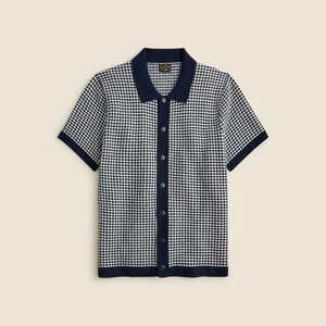 NWT J.Crew Short Sleeve 100% Cashmere Cardigan Sweater Polo S Navy Houndstooth - Picture 1 of 6