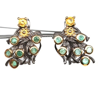 Plata de ley 925 de 3 mm. Pendientes de zafiro amarillo y esmeralda verde Foto 1 de 4