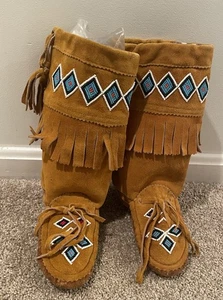 Vintage indianische kanadische Leder Perlen kniehohe Mokassins, Kinder 10-11 Fransen - Bild 1 von 5