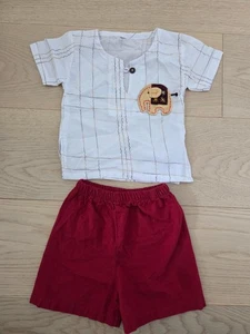 Kleinkind Baby Junge 12 m leichtes geknöpftes Shirt Oberteil Elefant Streifen rote Shorts - Bild 1 von 5