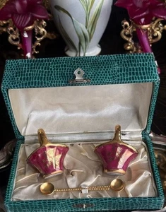 Antikes Limoges Porzellan Salzkeller Set 24K Gold Frankreich Löffel 6 Teile Sammlerstück - Bild 1 von 8