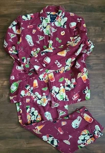 Nick & Nora Maroon Vintage Cocktail Party Pajama Set Men M Button Fly Flannel  - Picture 1 of 14